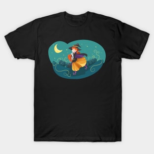 Cute Witch Running with Bored Cat in Arms T-Shirt